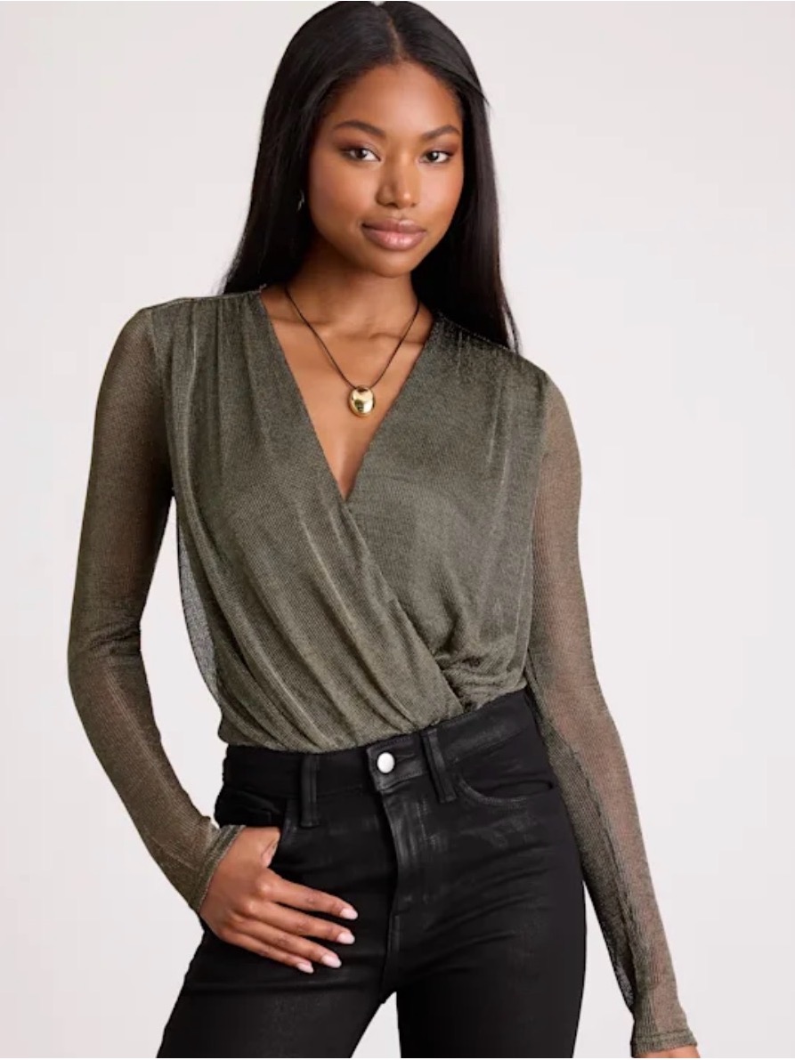 Lulu's Metallic Bronze Surplice Long-Sleeve Top